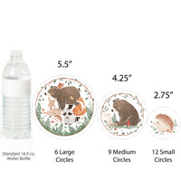 Woodland animal-themed party decor with sizes compared to a water bottle on a white background.