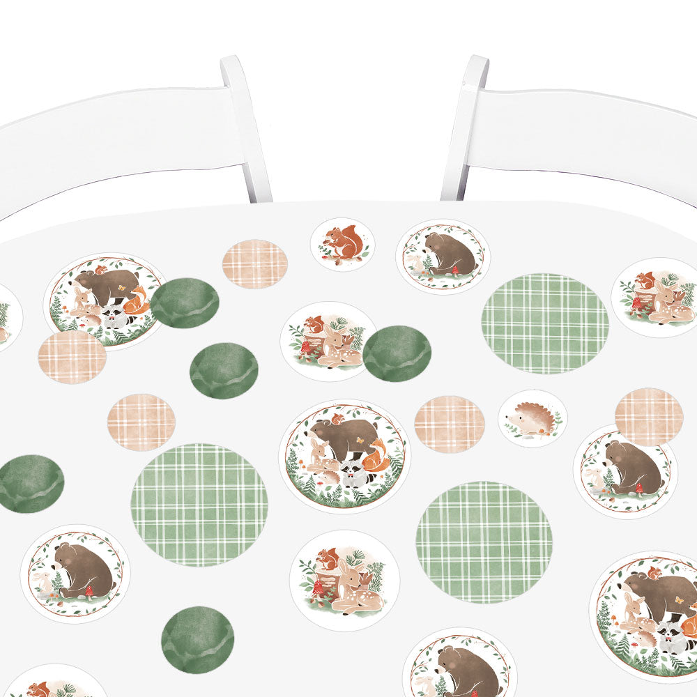 Round table with animal-themed decorations for a nutral baby shower on a white background