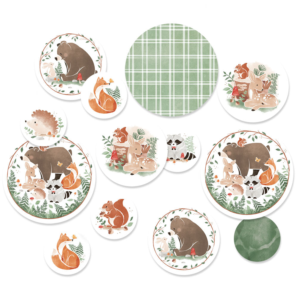 Set of round jumbo confetti with baby shower forest animal designs on a white background