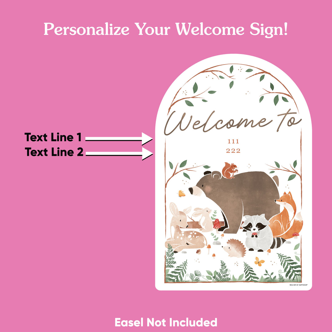 Welcome sign with animals on a pink background, text for personalization.