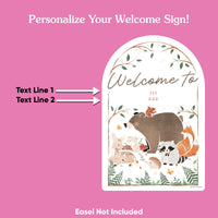 Welcome sign with animals on a pink background, text for personalization.