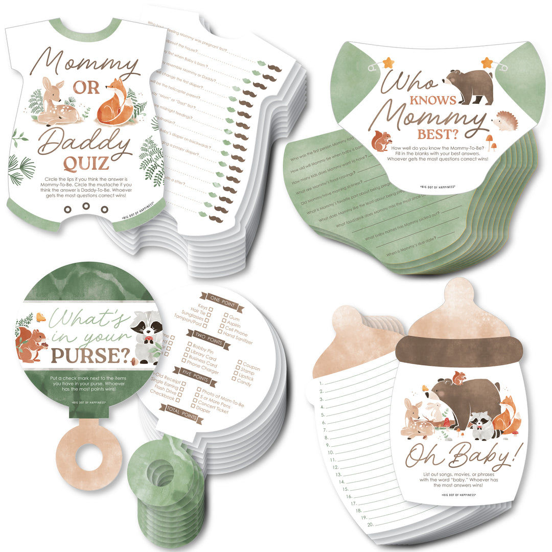 Collection of fun easy baby shower games woodland animals baby shower game cards with various designs on a white background
