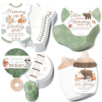Collection of fun easy baby shower games woodland animals baby shower game cards with various designs on a white background