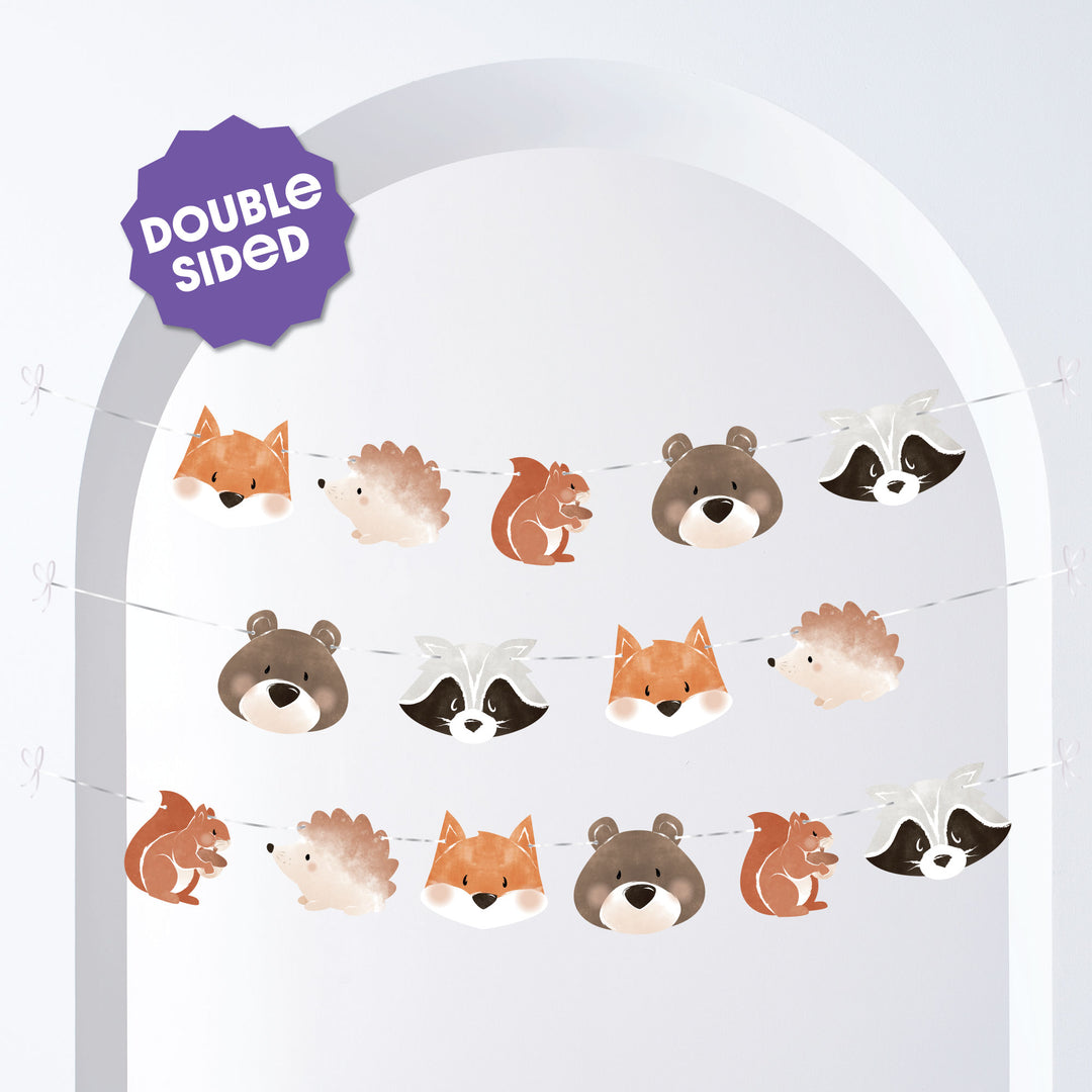 Woodland animal-themed decorative arch with double-sided label on a white background