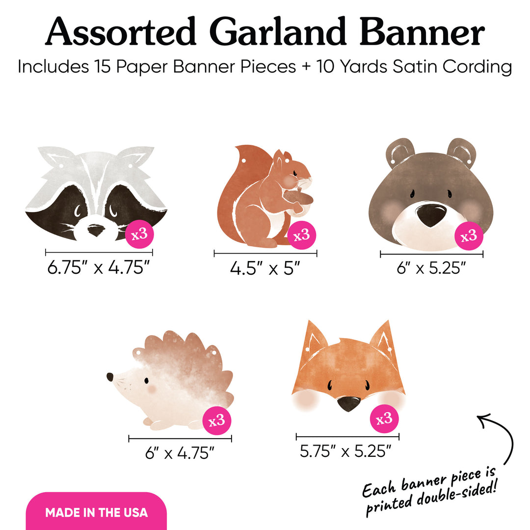 Assorted garland banner with animal designs and dimensions on a white background