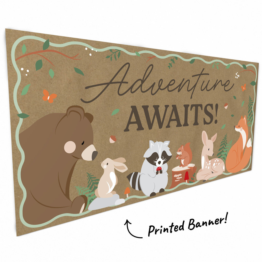 Close-up of bear, fox, deer, and greenery on woodland banner