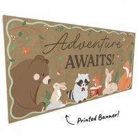 Close-up of bear, fox, deer, and greenery on woodland banner
