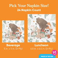 Woodland animal-themed napkins with size options on an orange background