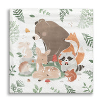 Woodland animal baby shower napkin with bear, fox, deer, and others on a white background with green foliage.