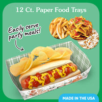 Paper food trays with a hot dog, chips, and nachos on a green background with text about serving party meals.