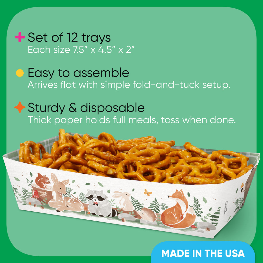 Set of 12 disposable food trays with forest animal design for a woodland baby shower, filled with pretzels, on a green background with product details.