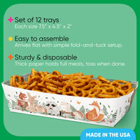 Set of 12 disposable food trays with forest animal design for a woodland baby shower, filled with pretzels, on a green background with product details.