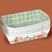 Stack of paper trays with plaid interior and animal-themed exterior on a brown background nutral baby shower