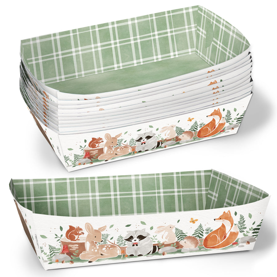 Set of paper food trays with forest animal baby shower design and plaid pattern on a white background