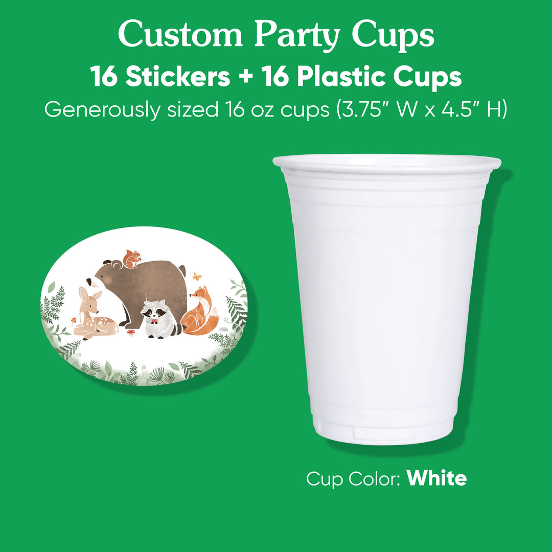 White Custom party cup with animal design stickers on a green background