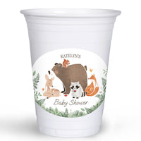 Custom party cup with a forest animal-themed design and 'Baby Shower' text on a white background.