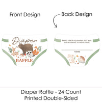 Diaper raffle tickets for baby shower with front and back designs on a white background