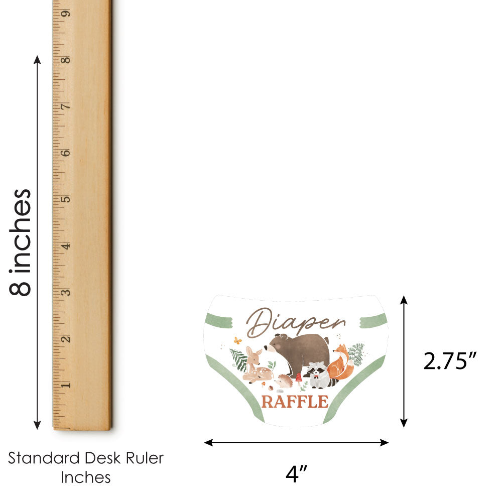 woodland-themed diaper raffle ticket with measurements for forest animal baby shower
