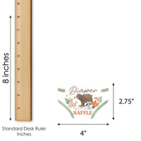 woodland-themed diaper raffle ticket with measurements for forest animal baby shower