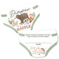 Woodland-themed diaper raffle ticket with cartoon animals on a white background