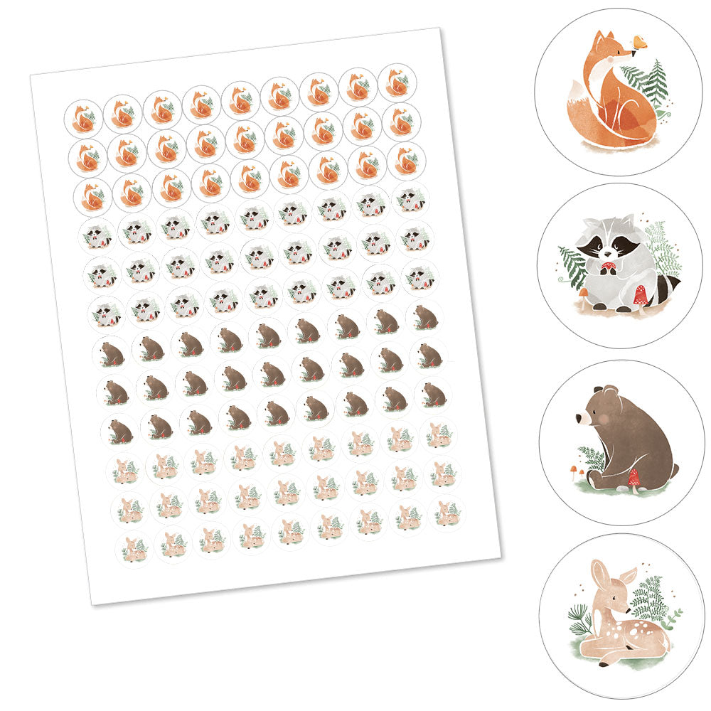 Sheet of animal stickers with circular insets showing fox, raccoon, bear, and deer designs.