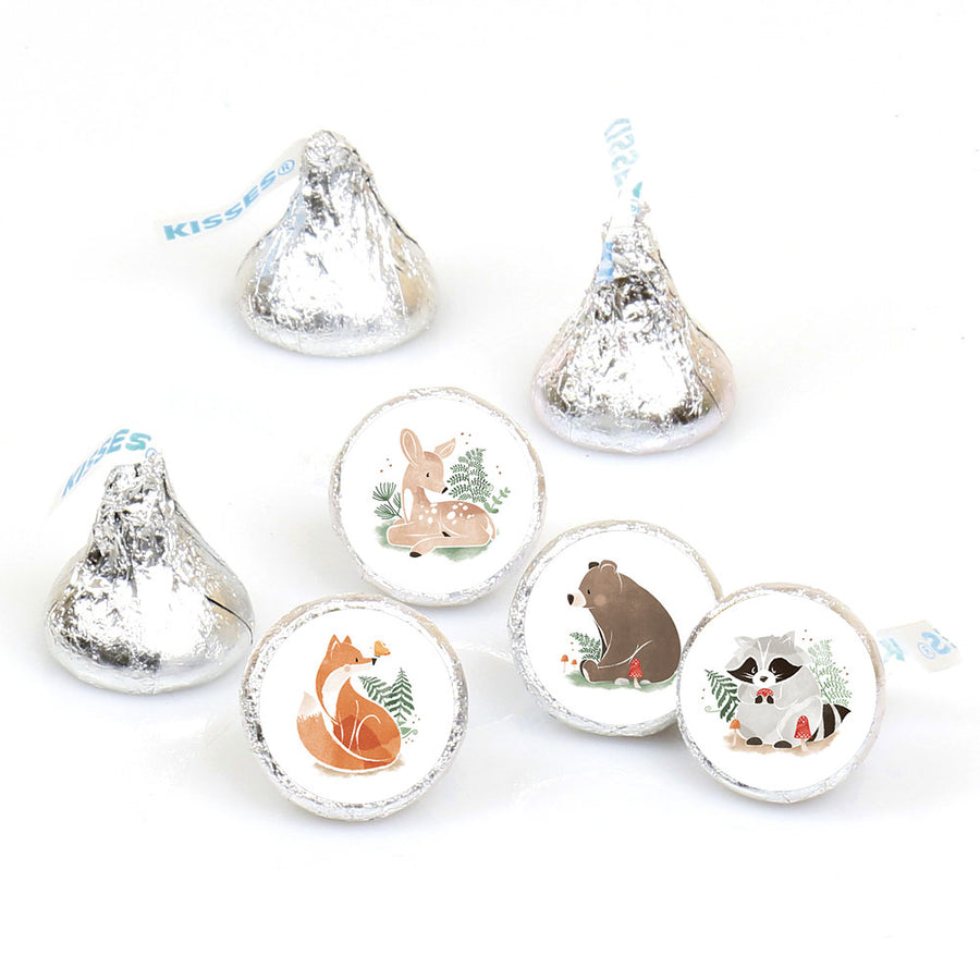 Hershey's Kisses with forest animal stickers on a white background