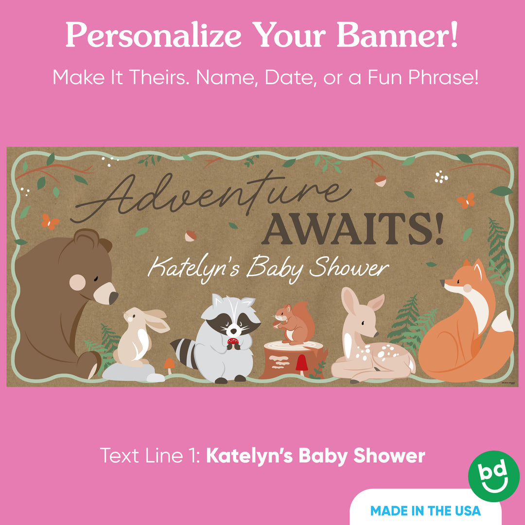 Custom name detail on woodland animals party banner