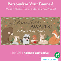 Custom name detail on woodland animals party banner