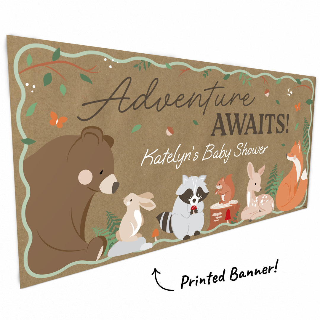 Bear, fox and deer artwork close-up on kraft banner