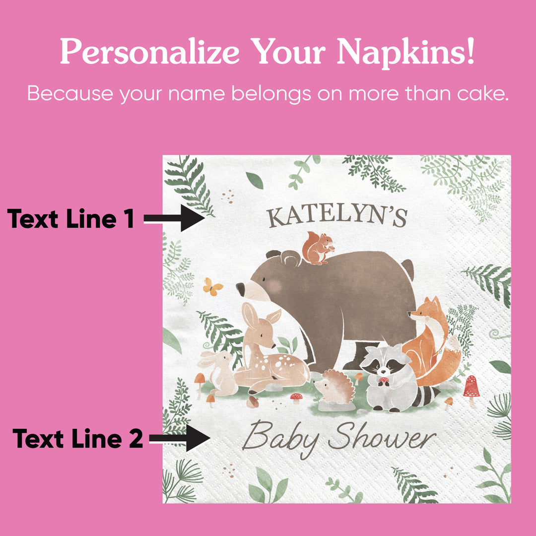 Woodland animal-themed baby shower napkin with customizable text on a pink background