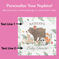 Woodland animal-themed baby shower napkin with customizable text on a pink background