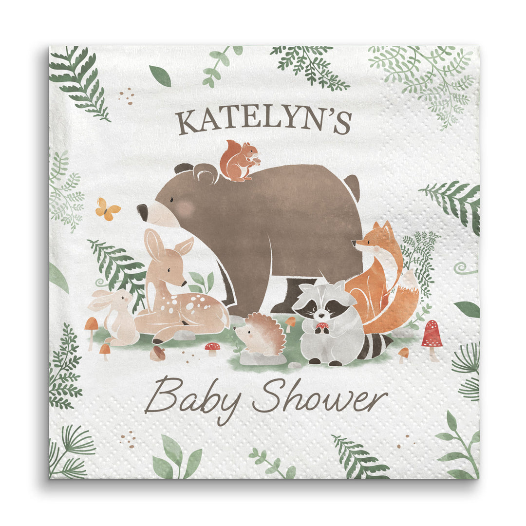 Woodland animal-themed baby shower Napkin with bear, deer, and fox on a white background.