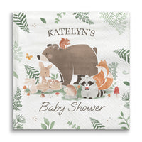 Woodland animal-themed baby shower Napkin with bear, deer, and fox on a white background.