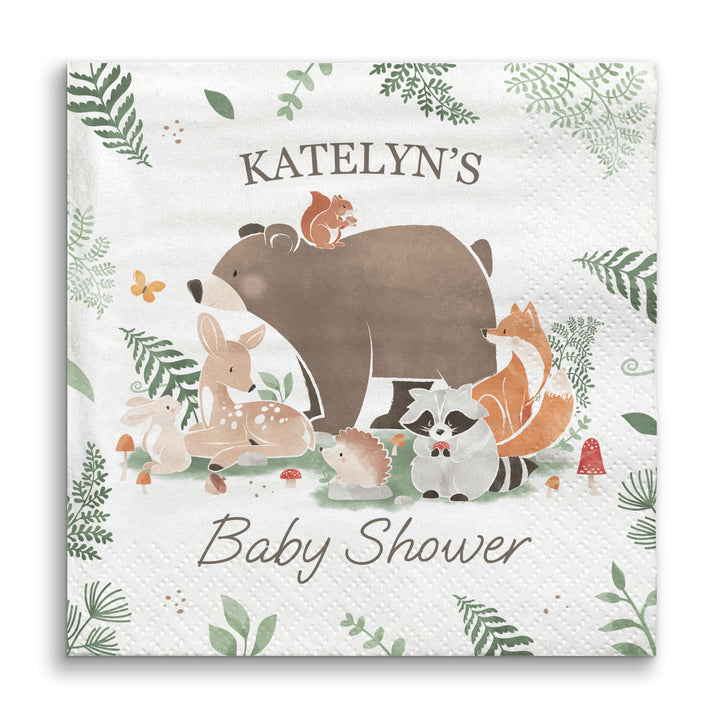 Woodland animal-themed baby shower Napkin with bear, deer, and fox on a white background.