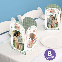 Set of personalized photo cards with a little bear illustration on a white surface with a blue background.
