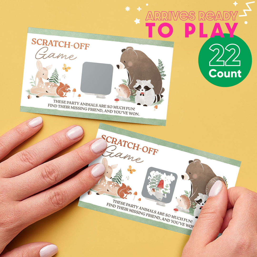 Scratch-off baby shower activity game cards with animal illustrations