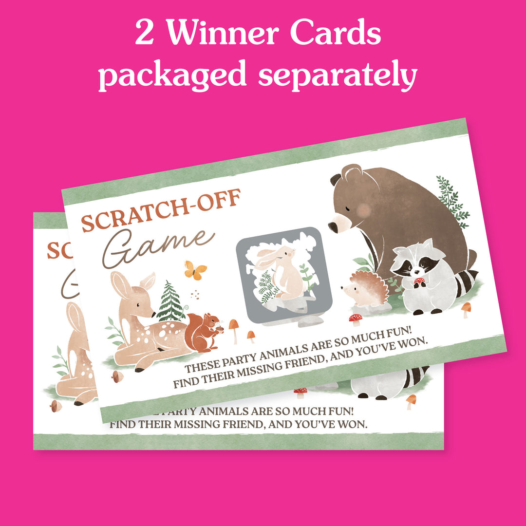 Two scratch-off game cards with forest animals on a pink background