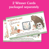 Two scratch-off game cards with forest animals on a pink background
