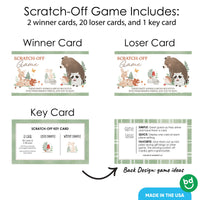 Scratch-off game cards with winner, loser, and key cards on a white background.