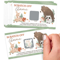 Stack of scratch-off baby shower game cards with animal illustrations on a white background