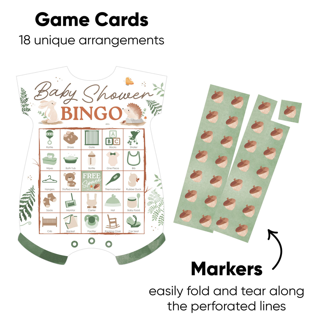 Forest Animals Baby shower bingo game cards with markers on a white background