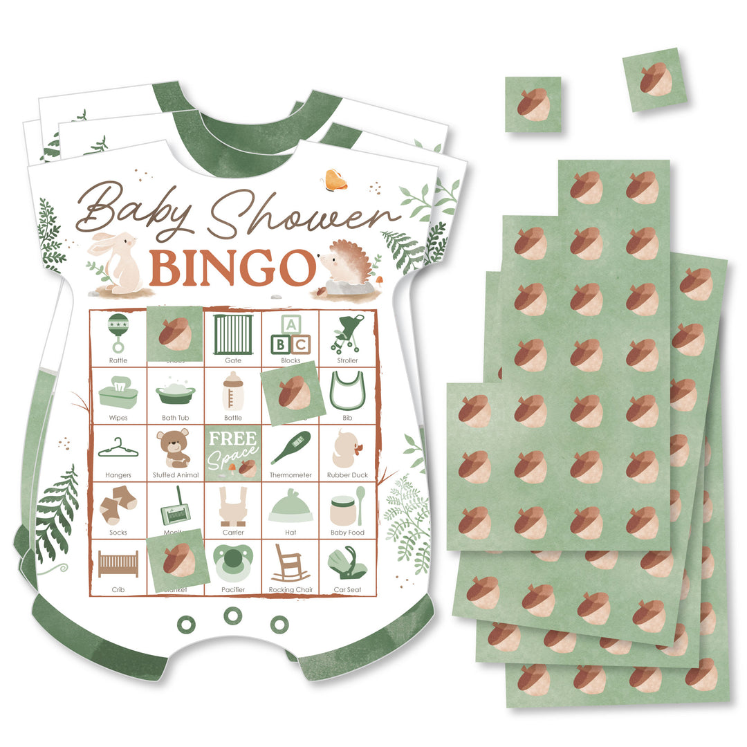 Woodland Animals Baby shower bingo game set with green and white design