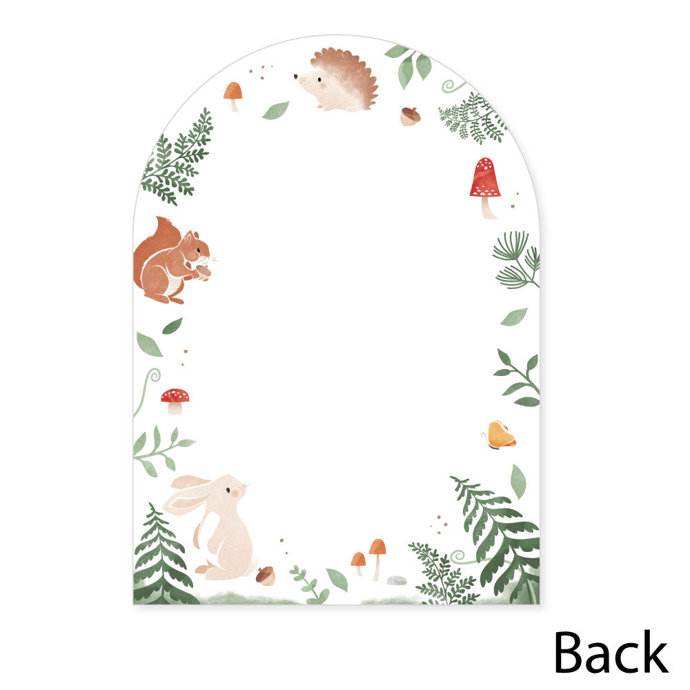 Decorative card with forest-themed design featuring animals and plants on a white background.