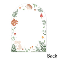 Decorative card with forest-themed design featuring animals and plants on a white background.