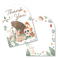 Two forest-themed thank you cards with animals and 'Thank You' text on a white background.