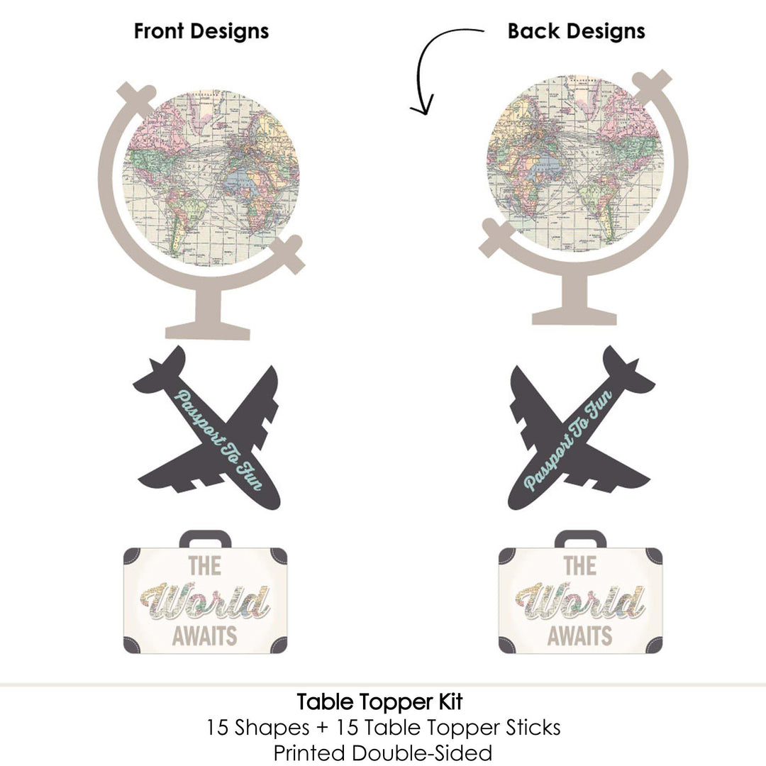World Awaits - Travel Themed Party Centerpiece Sticks - Table Toppers - Set of 15