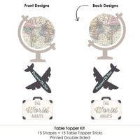 World Awaits - Travel Themed Party Centerpiece Sticks - Table Toppers - Set of 15