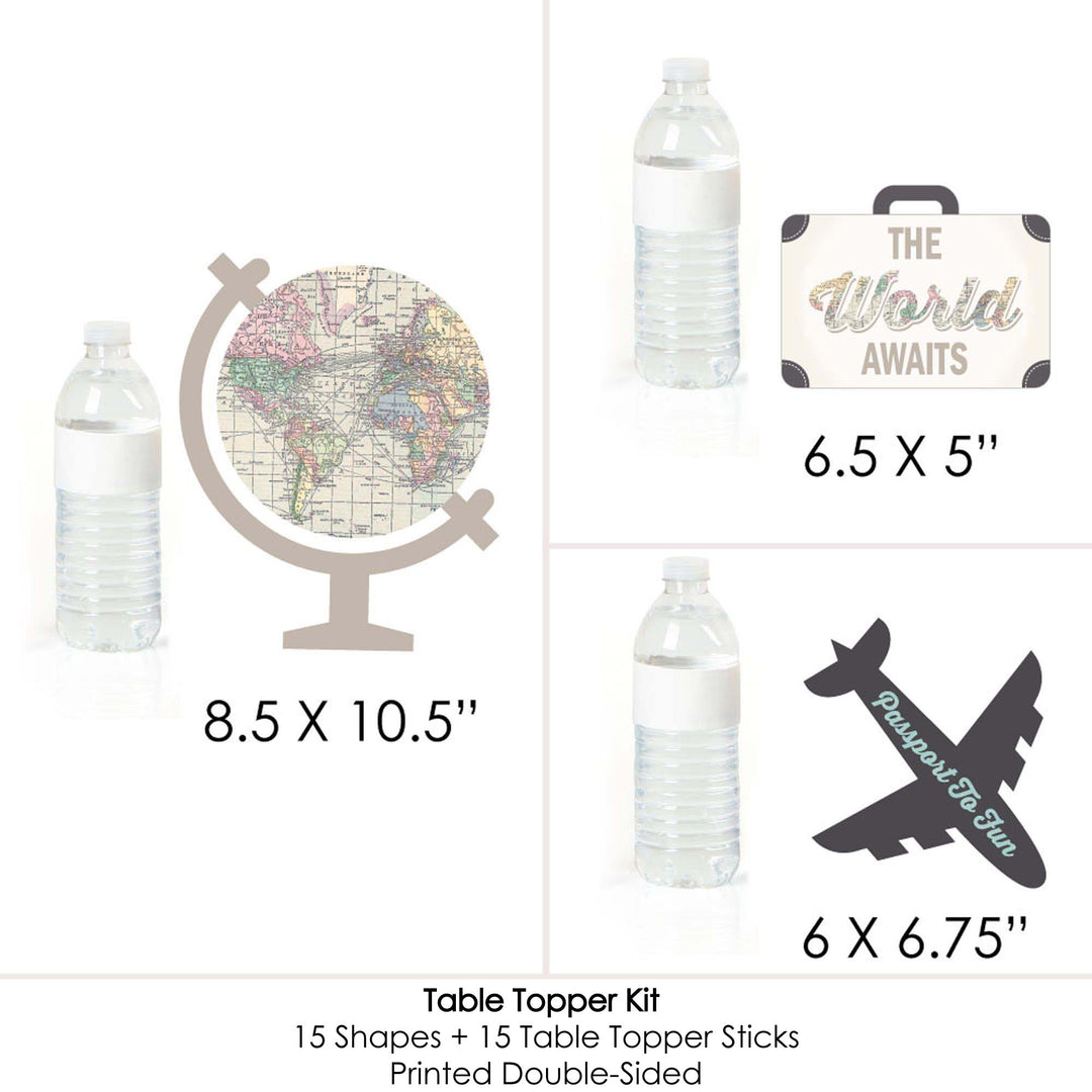 World Awaits - Travel Themed Party Centerpiece Sticks - Table Toppers - Set of 15