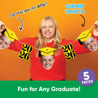 Five personalized face cutouts with yellow Class of 2026