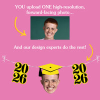 Promotional graphic for photo customization service with a pink background, text, and a photo placeholder.